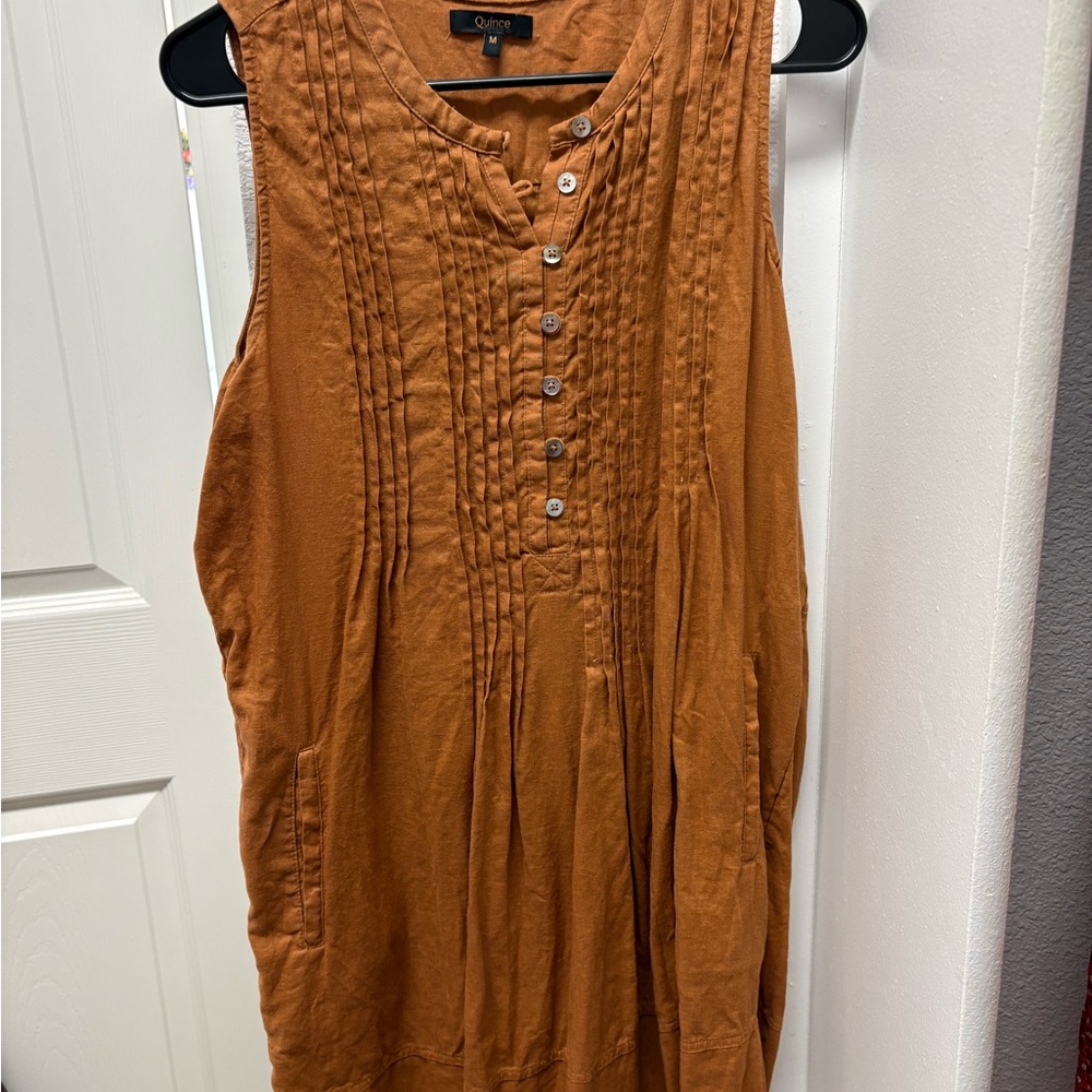 Burnt Orange linen Sleeveless dress with Button Accents